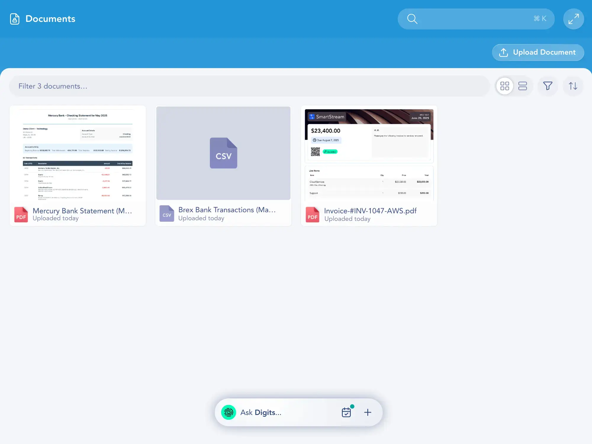 Digits Documents screen