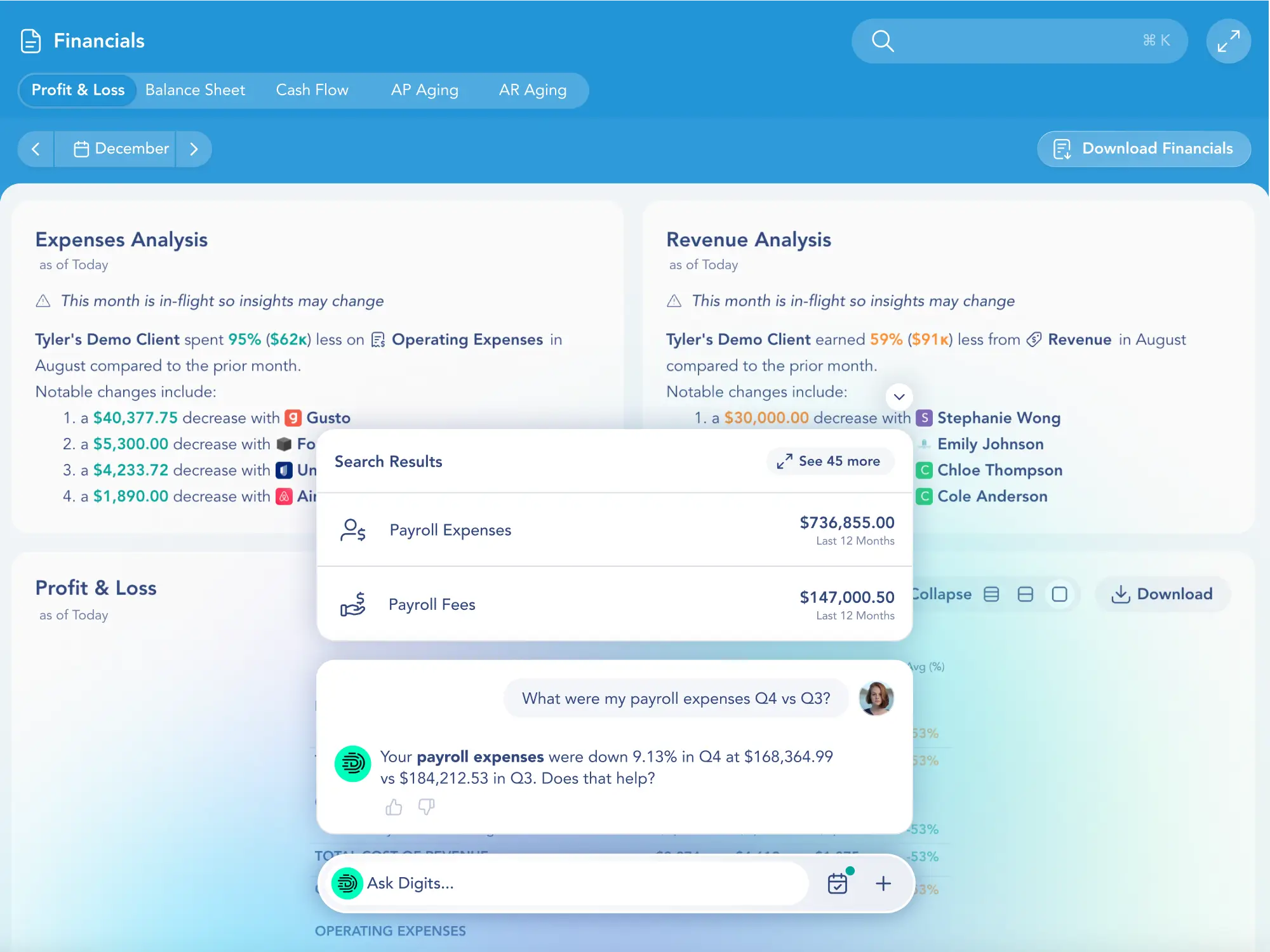 Digits Financials screen