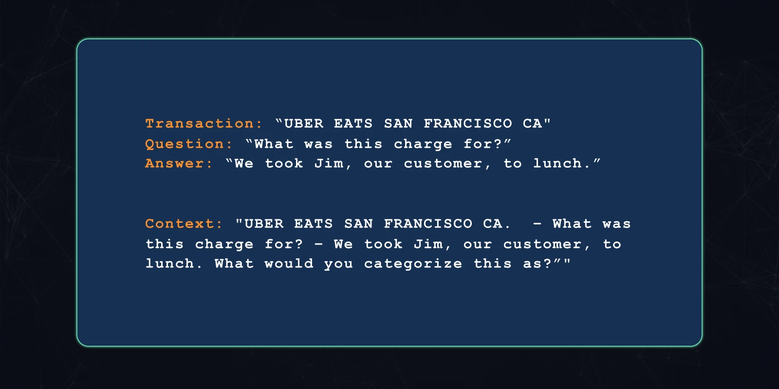 null concatenating the transaction, the accountant's question, and the client's response and composing a narrative