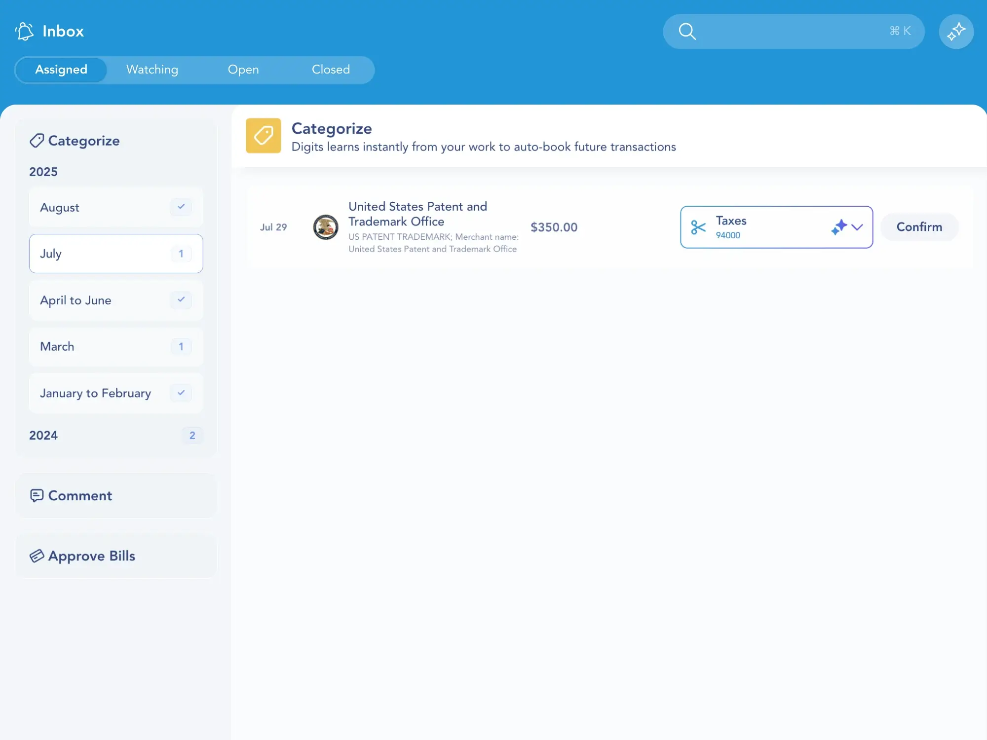 Digits Inbox screen