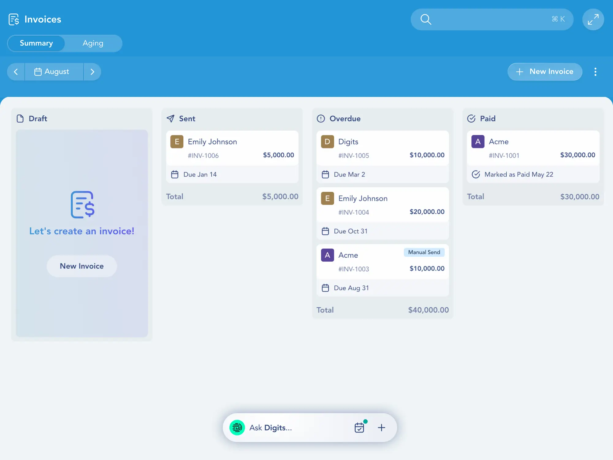 Digits Invoices screen