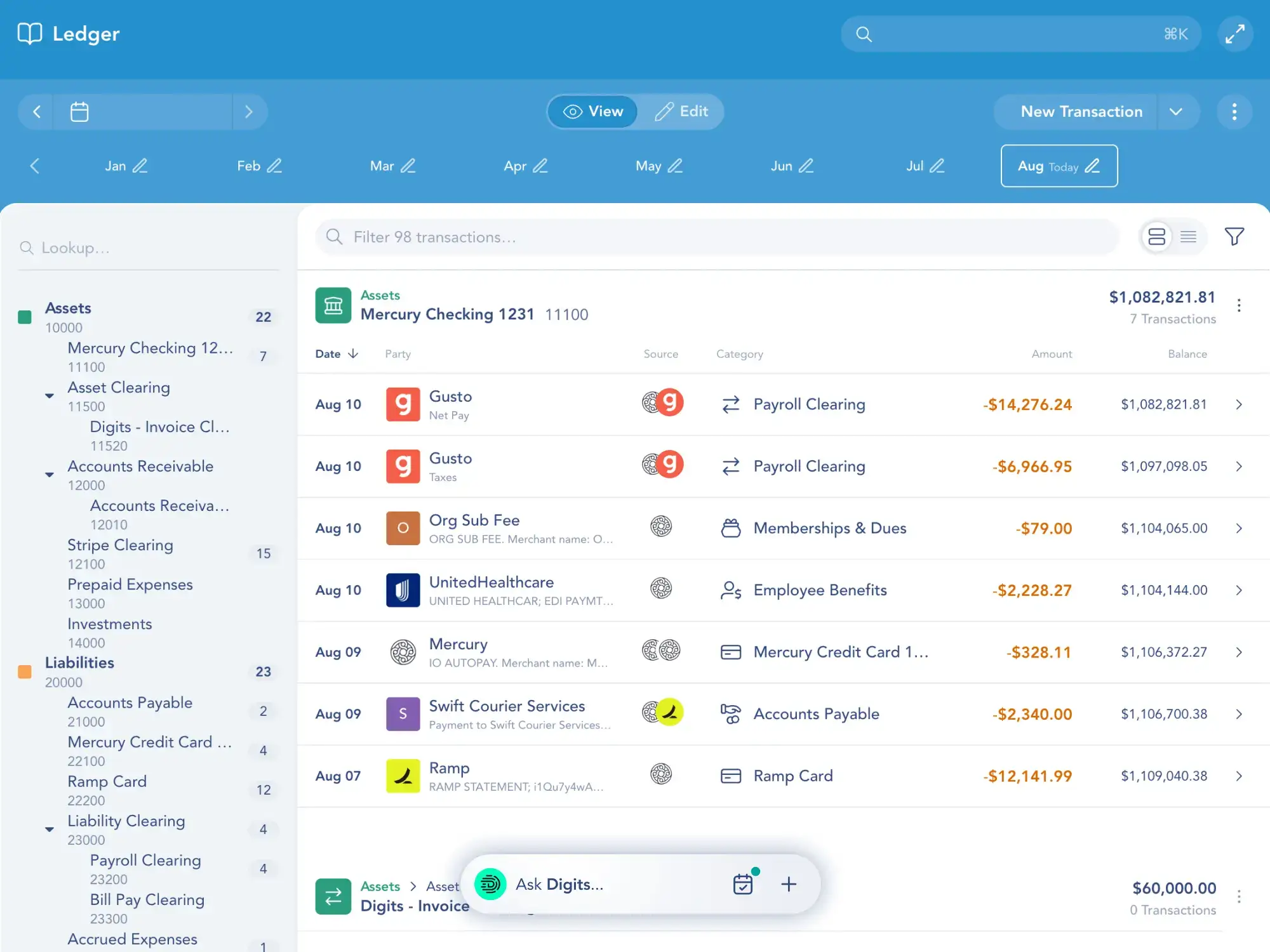 Digits Ledger screen