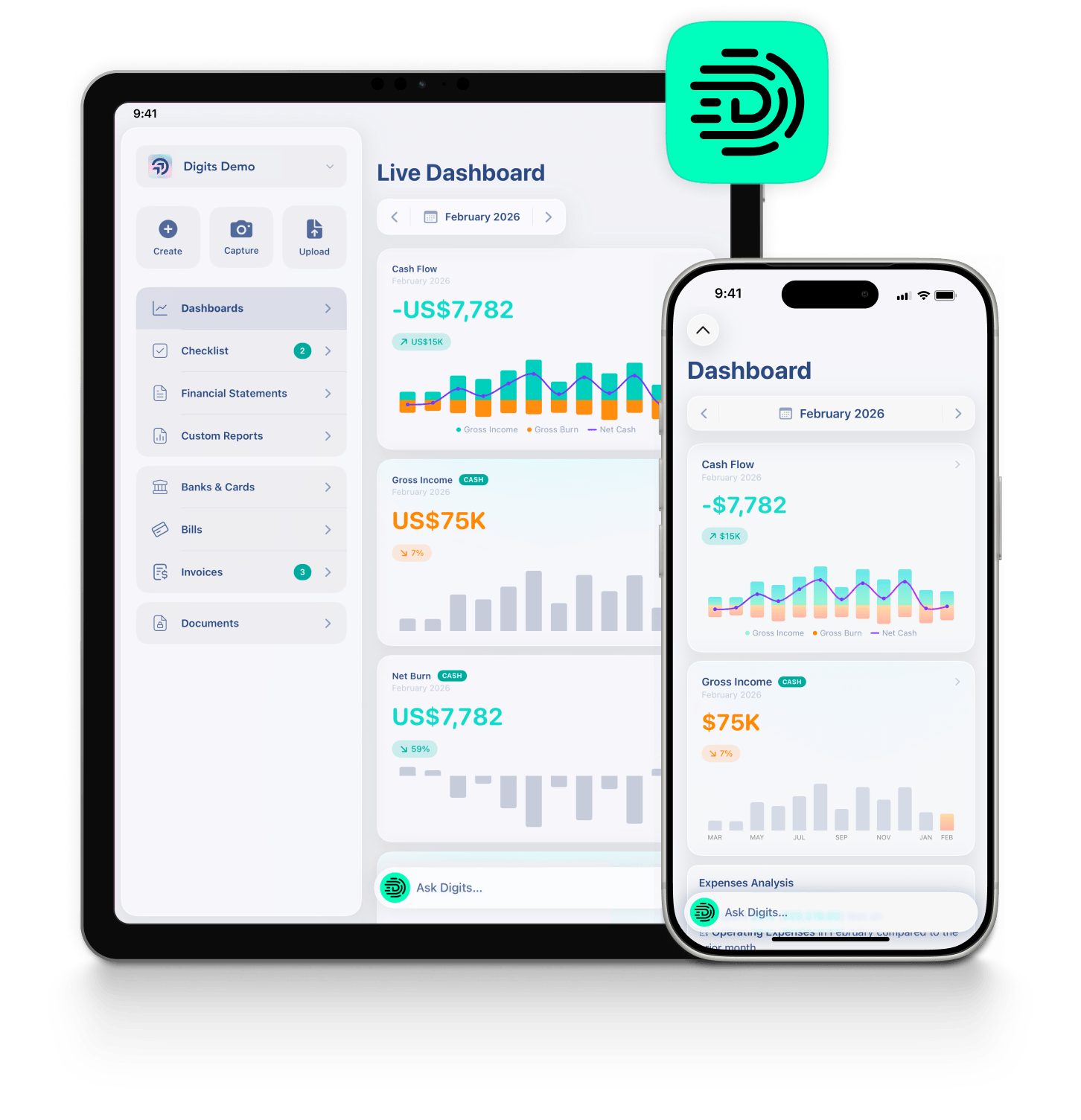 Digits app shown on iPad and iPhone