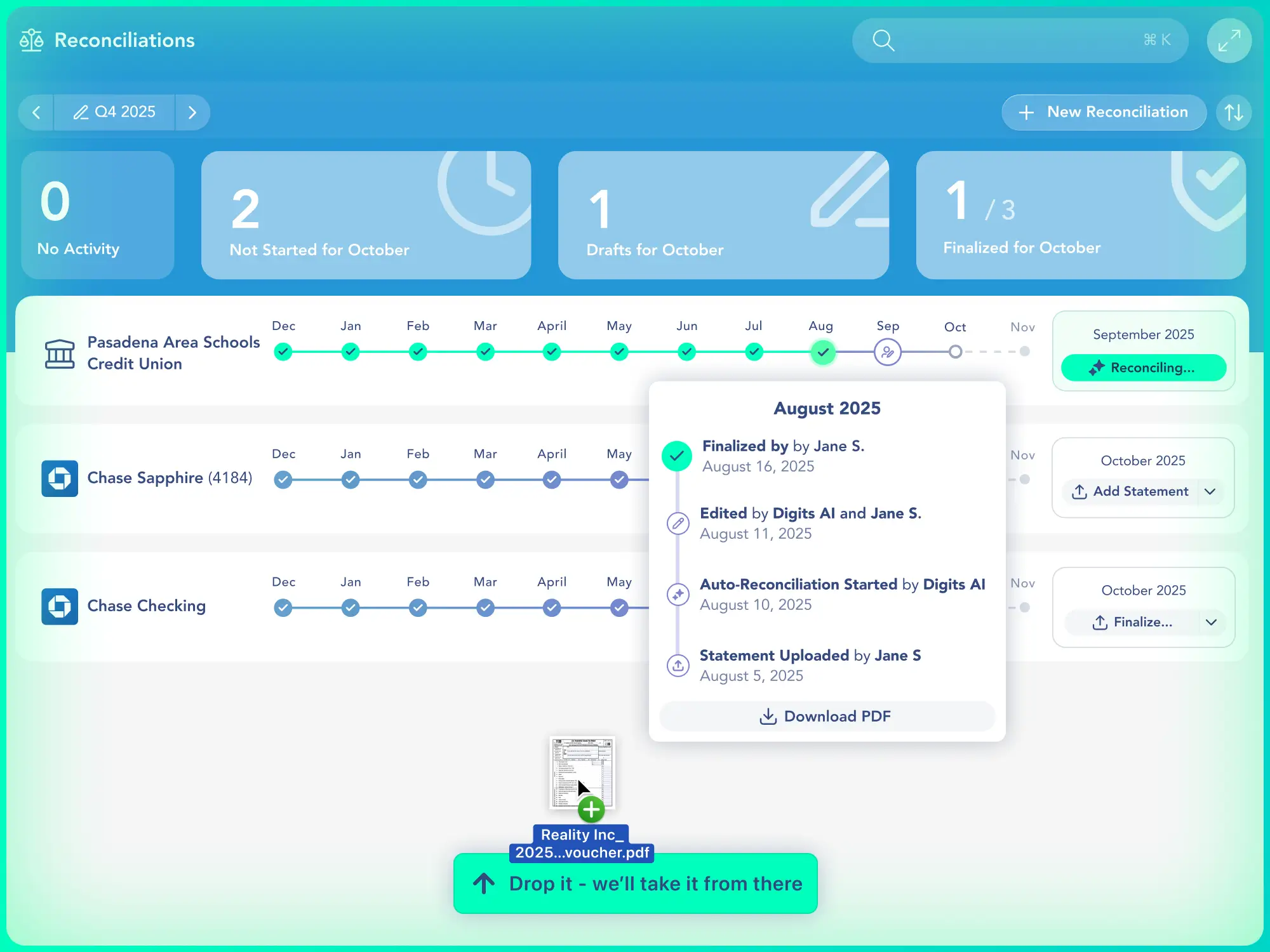 Digits Reconciliations screen
