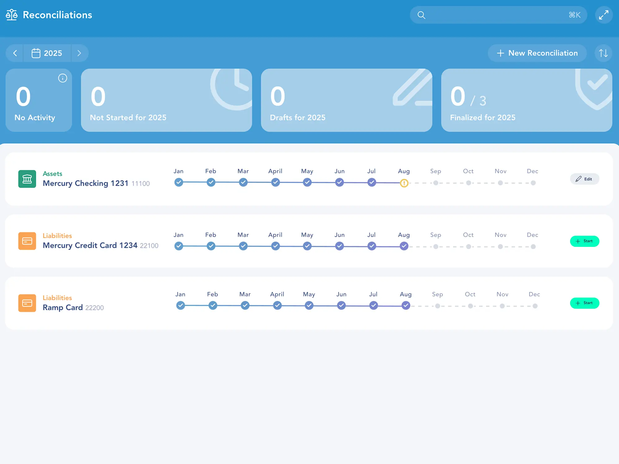 Digits Reconciliations screen
