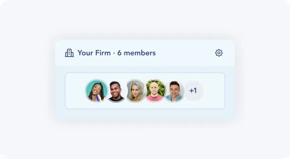 A firm workspace panel listing six team members with their avatars