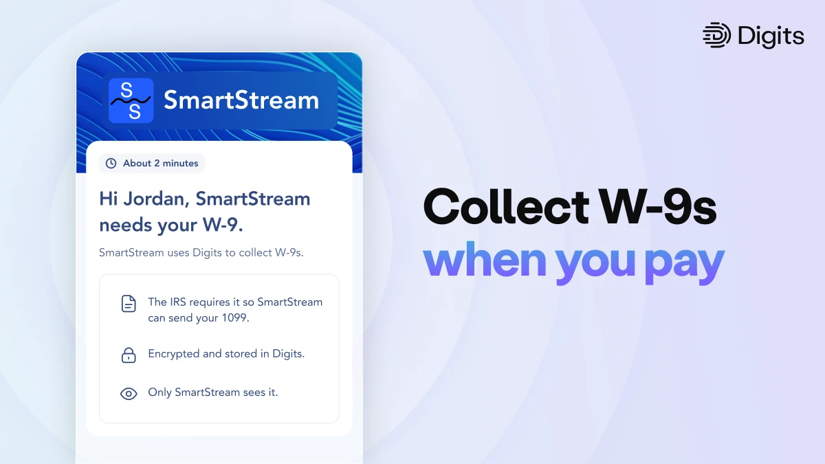 A phone-style card shows a SmartStream request reading ‘Hi Jordan, SmartStream needs your W-9,’ noting the form takes about 2 minutes and that SmartStream uses Digits to collect W-9s—required for the IRS 1099, encrypted and stored in Digits, visible only to SmartStream. Headline reads ‘Collect W-9s when you pay.’