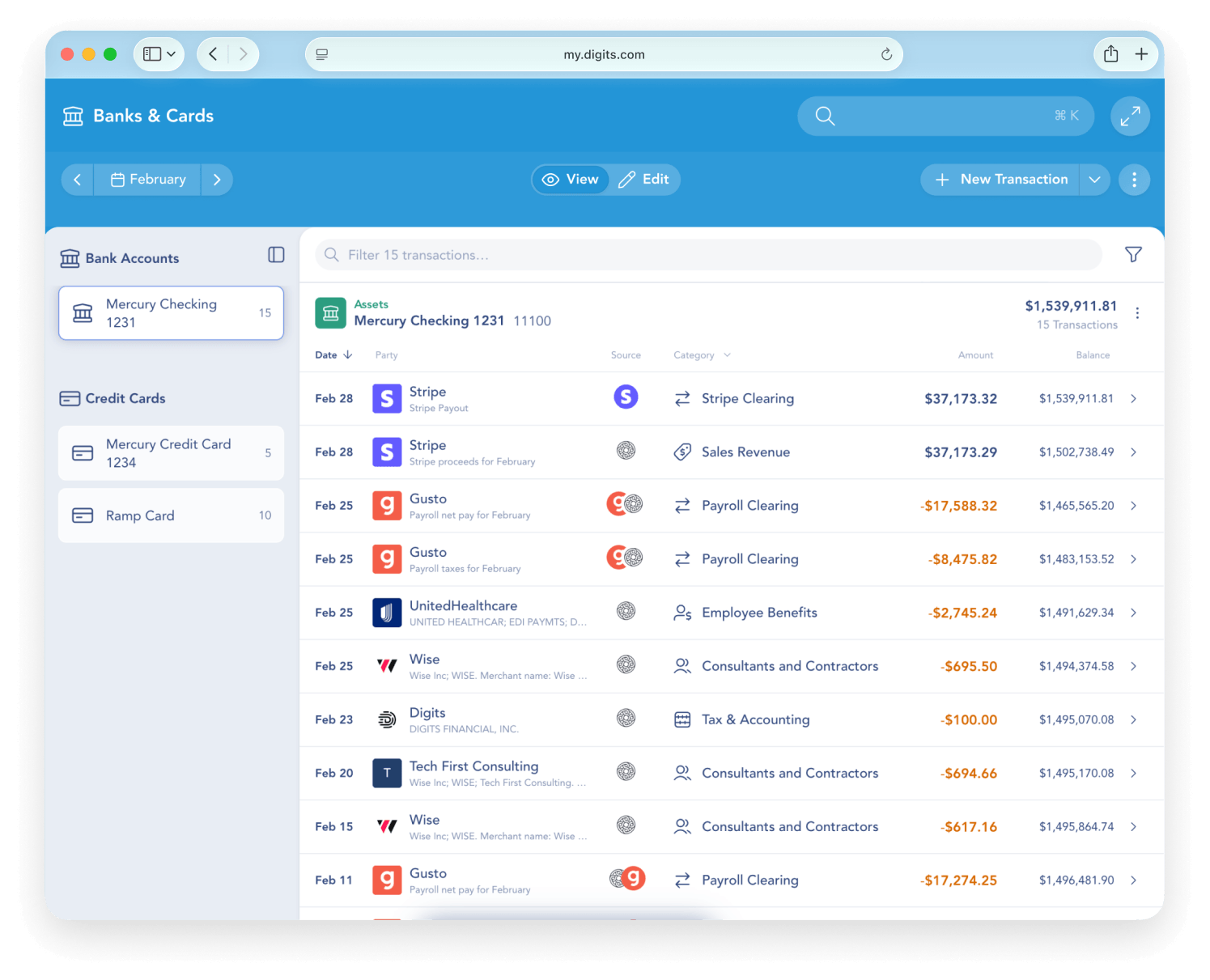 Digits Banks & Cards screen