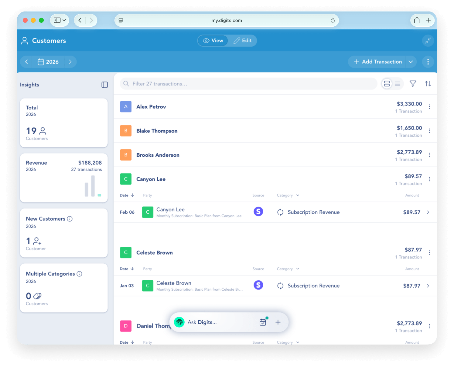 Digits Customers screen