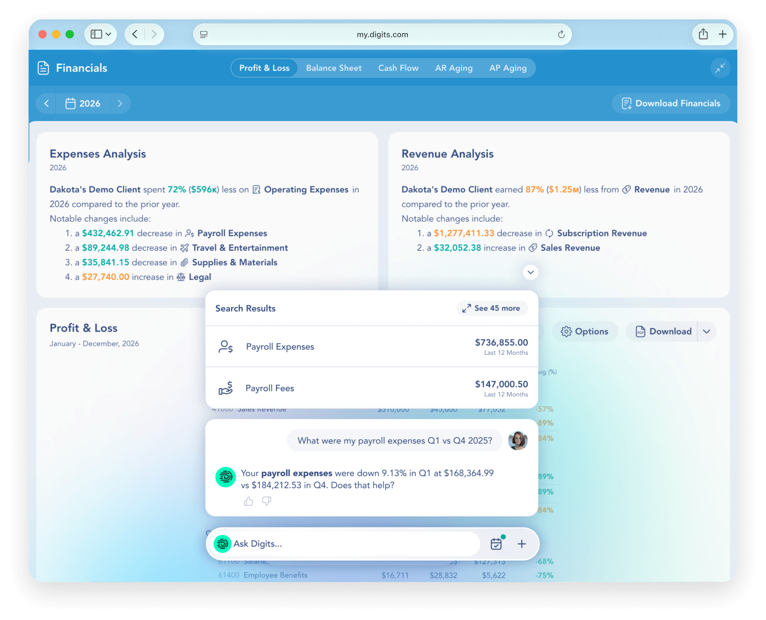 Digits Financials screen
