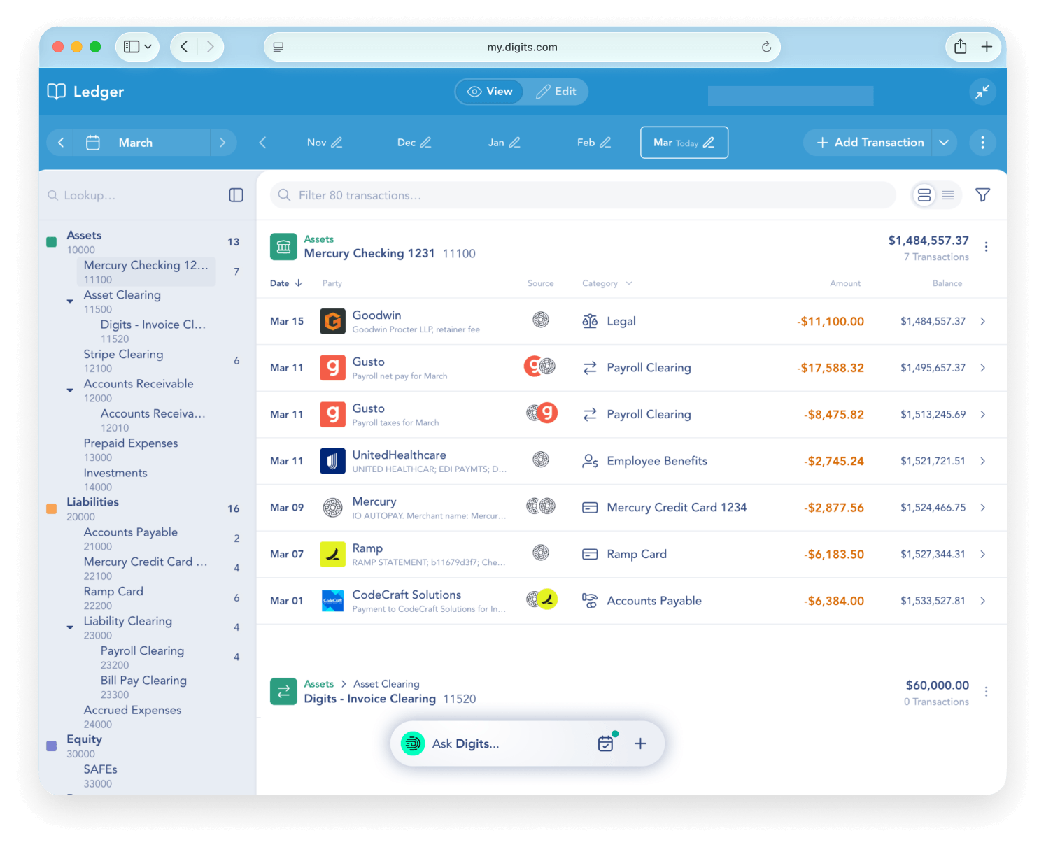 Digits Ledger screen