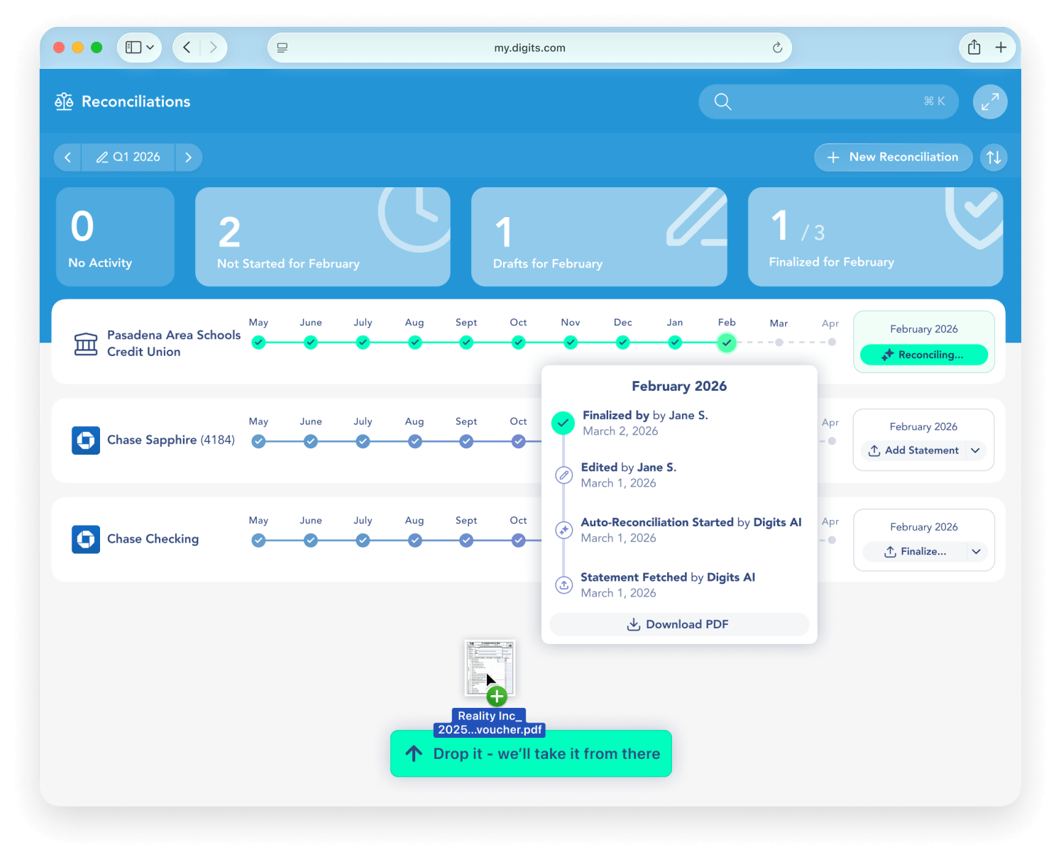 Digits Reconciliations screen