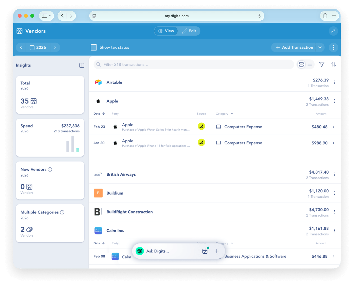 Digits Vendors screen